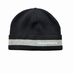North Face Beanie Hat Black Gray Stripe Logo Knit Winter Cap One Size